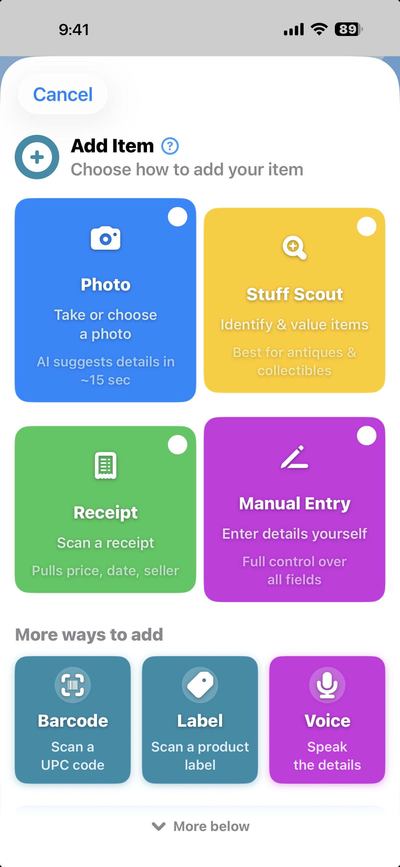 Stuffolio iPhone screenshot: Add anything in seconds