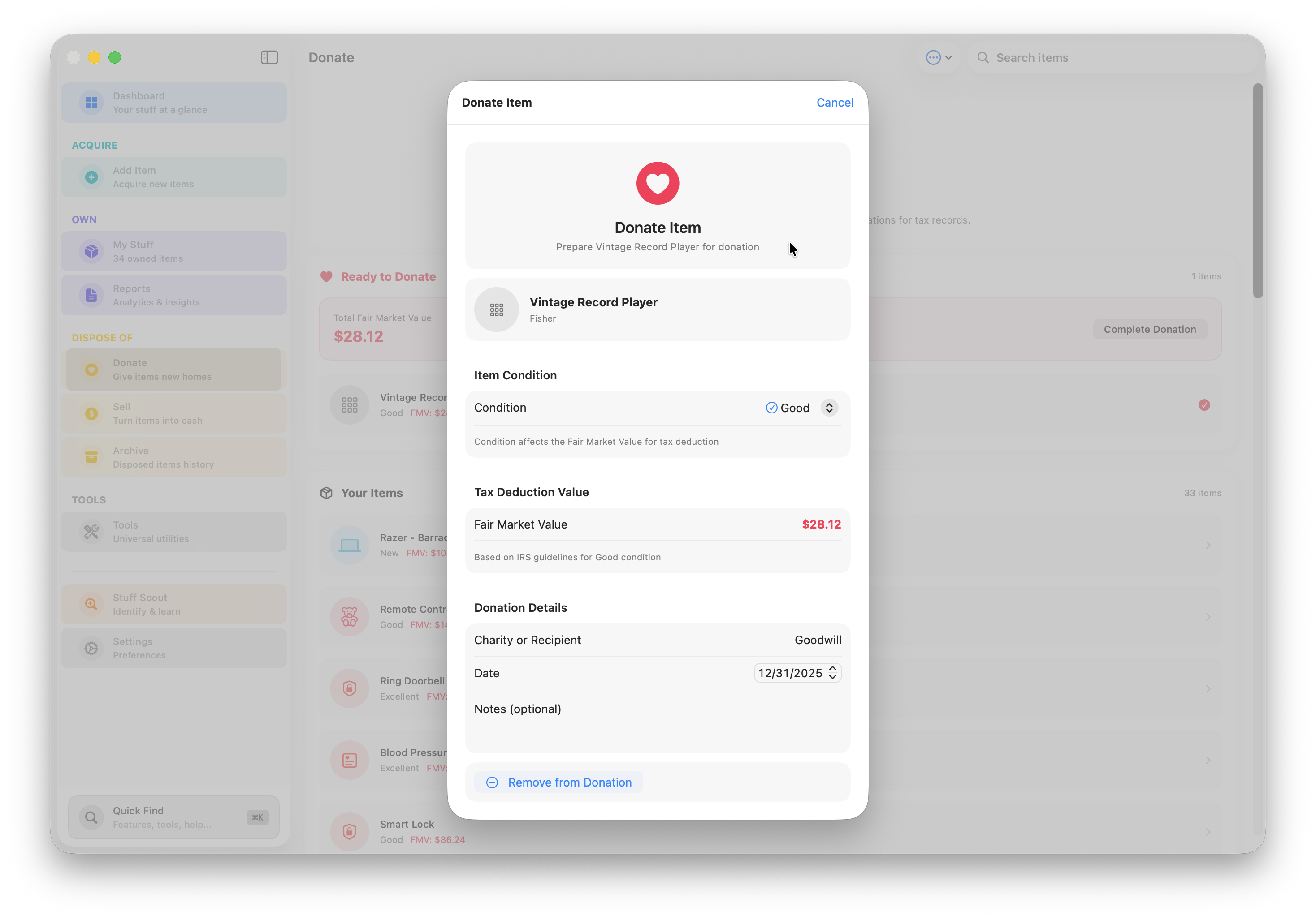 Stuffolio donation tracking for tax records