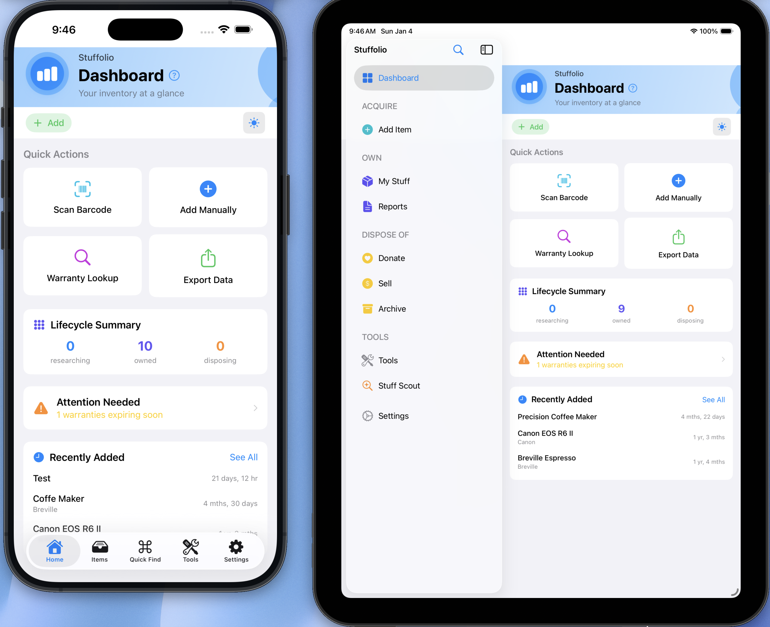 Stuffolio Dashboard on iPhone and iPad showing the responsive design