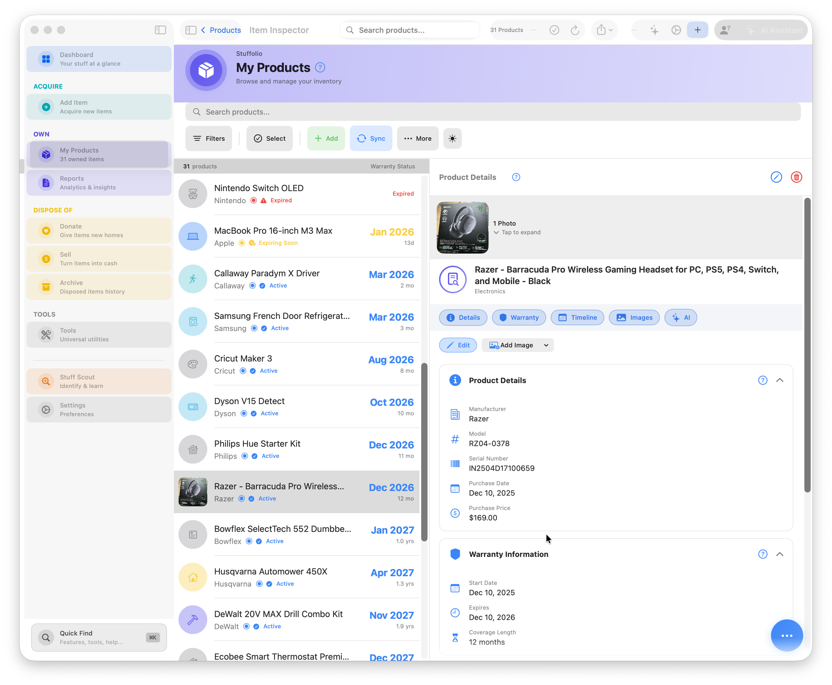 Stuffolio product inventory list with details panel