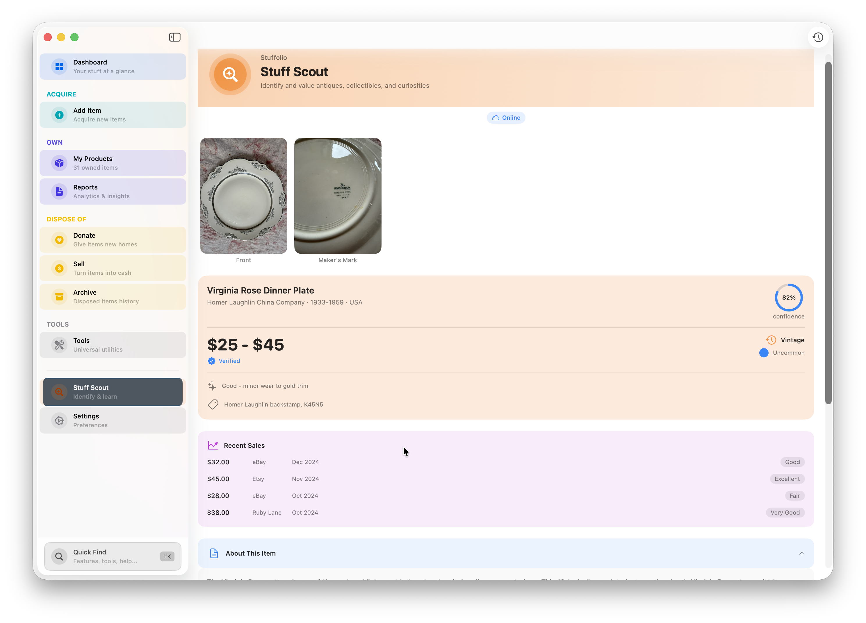 Stuff Scout AI identifying a vintage dinner plate with value estimate