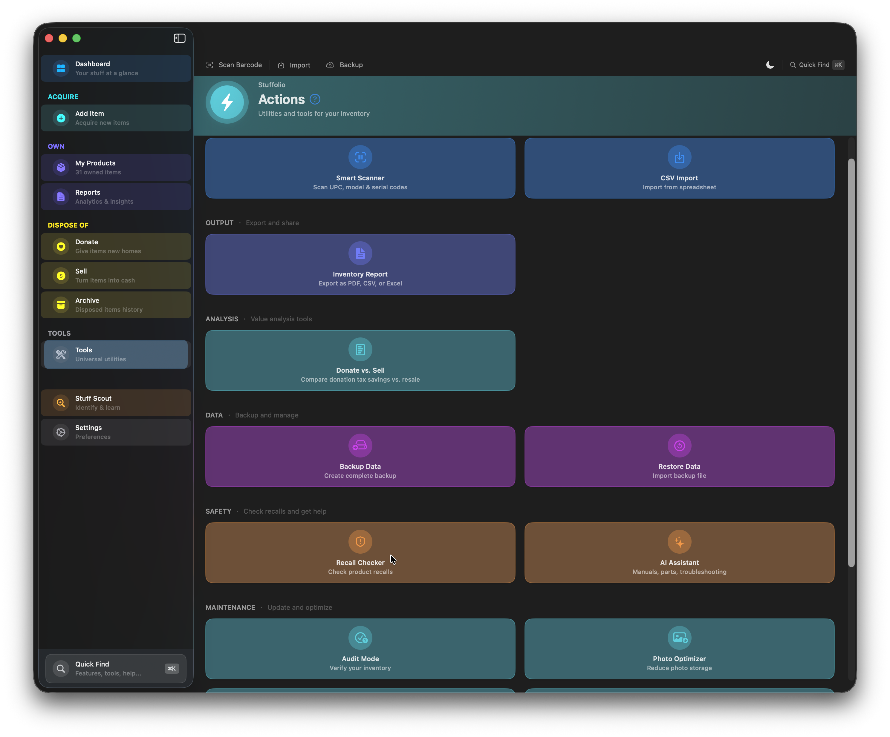 Stuffolio tools and actions menu