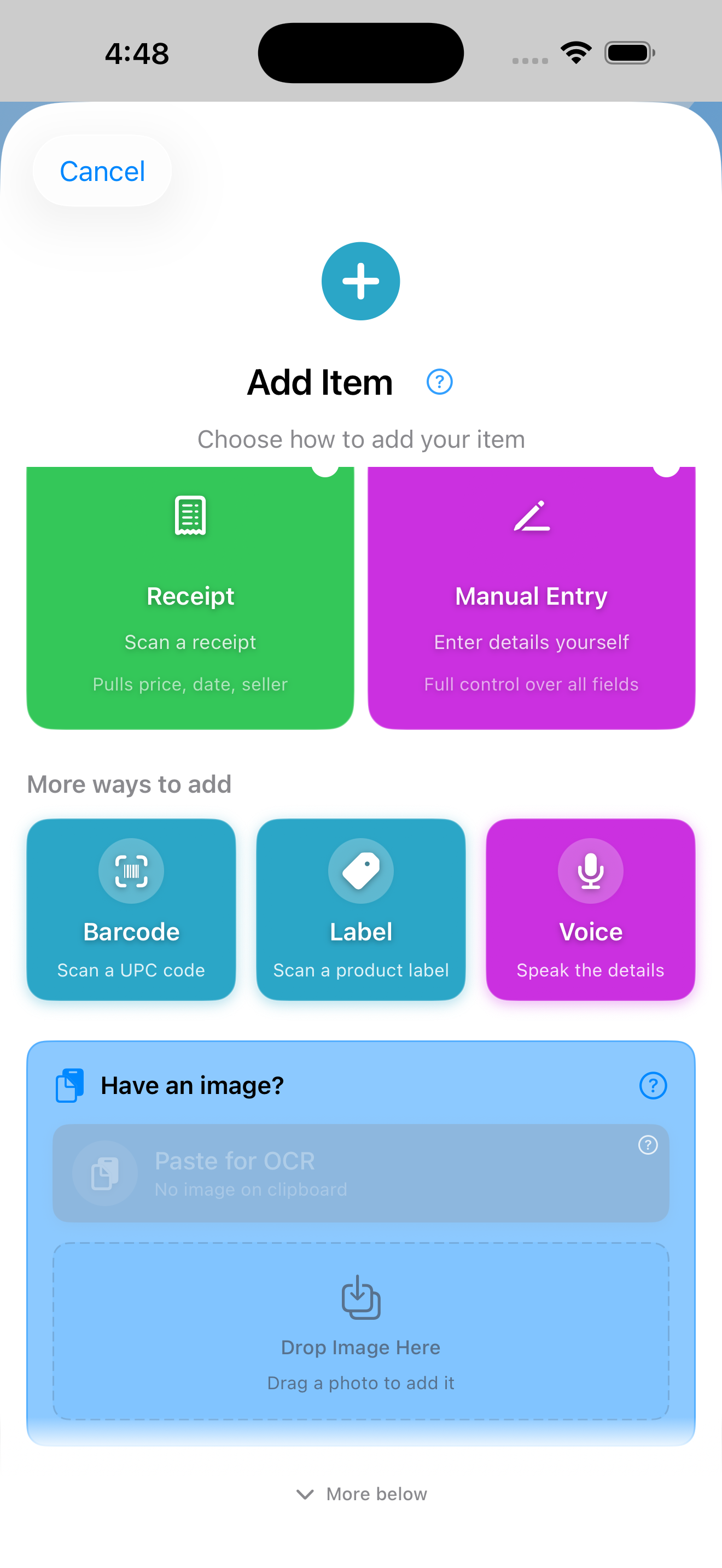 Add Item chooser scrolled to show the Paste and Drop accelerator strip at the bottom, with the Paste button in its disabled No image on clipboard state