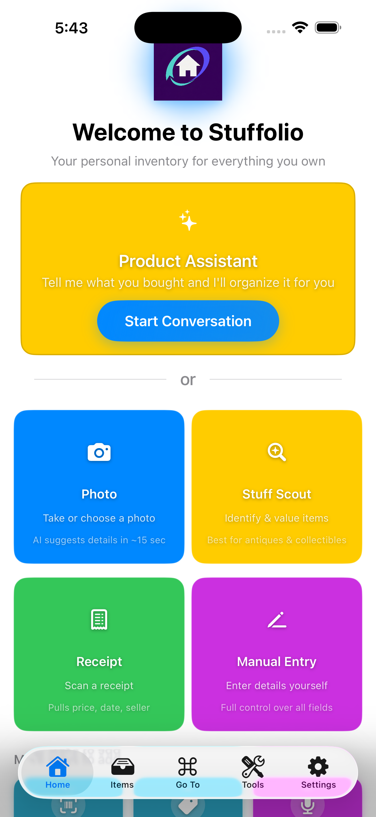 The Welcome screen on iPhone, before adding any items: the Add Item chooser is embedded inline below the AI Product Assistant card, with Photo, Stuff Scout, Receipt, and Manual Entry tiles immediately accessible