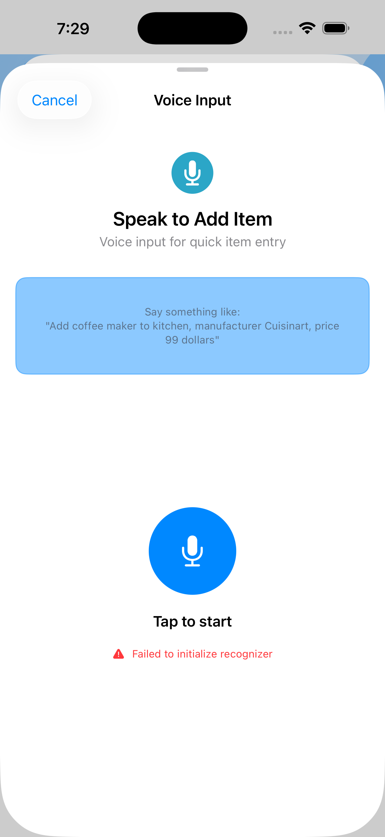 Voice Input sheet showing Speak to Add Item with the canonical example: Add coffee maker to kitchen, manufacturer Cuisinart, price 99 dollars
