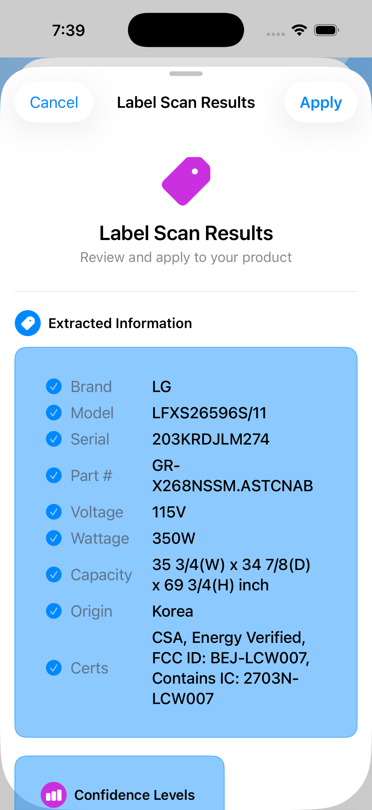 Label Scan Results from an LG appliance nameplate: nine fields extracted including Brand, Model, Serial, Part #, Voltage, Wattage, Capacity, Origin, and Certifications