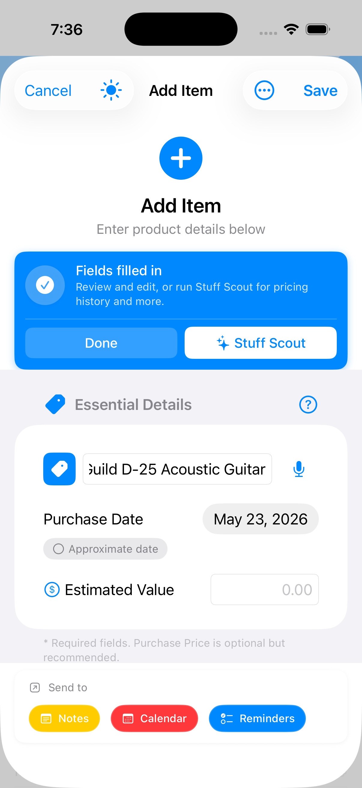 Add Item form after AI photo analysis completed: a Fields filled in banner appears with Done and Stuff Scout actions, and the Product Name (Guild D-25 Acoustic Guitar) and Purchase Date are pre-filled
