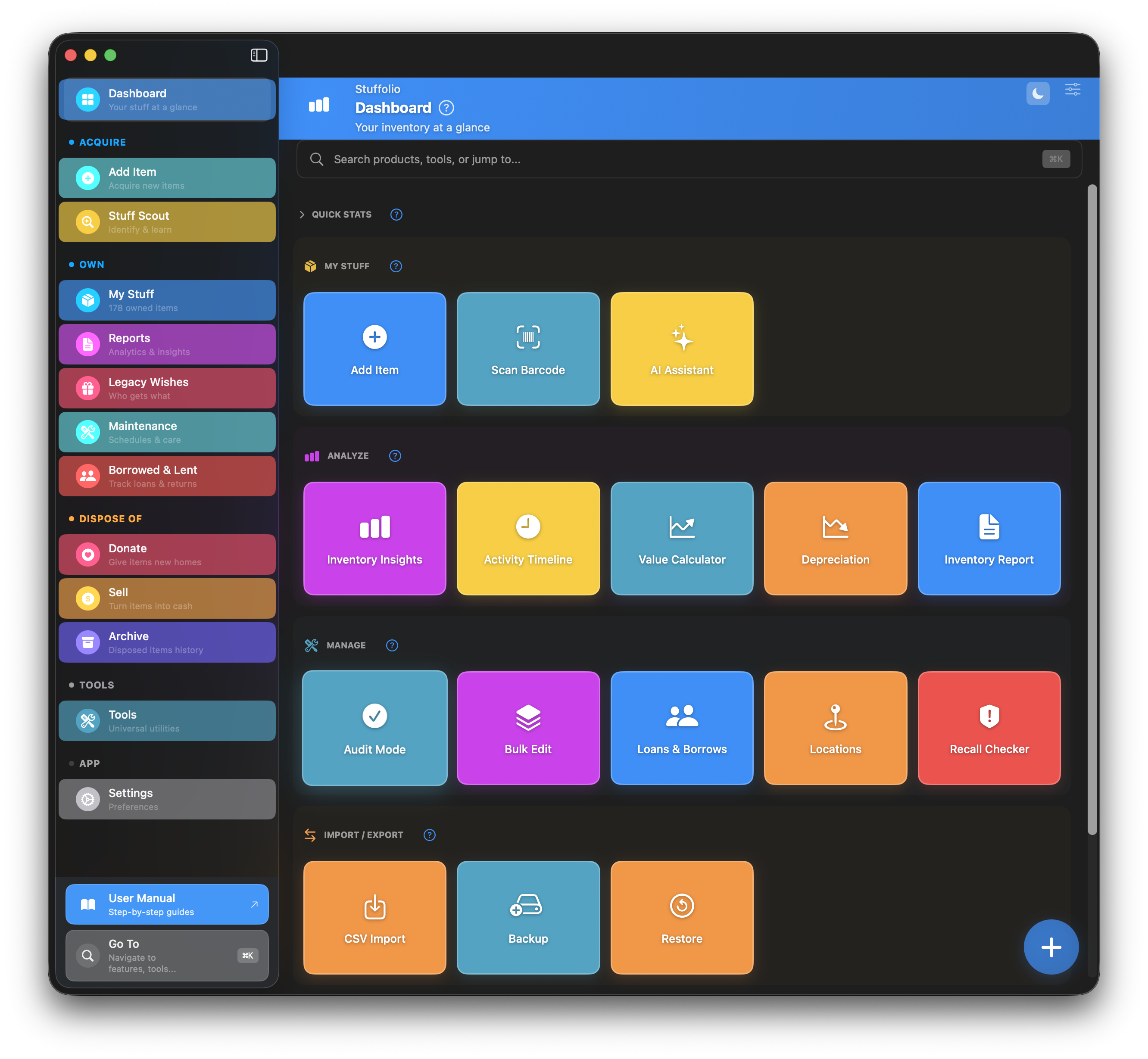 Stuffolio Dashboard on macOS in dark mode