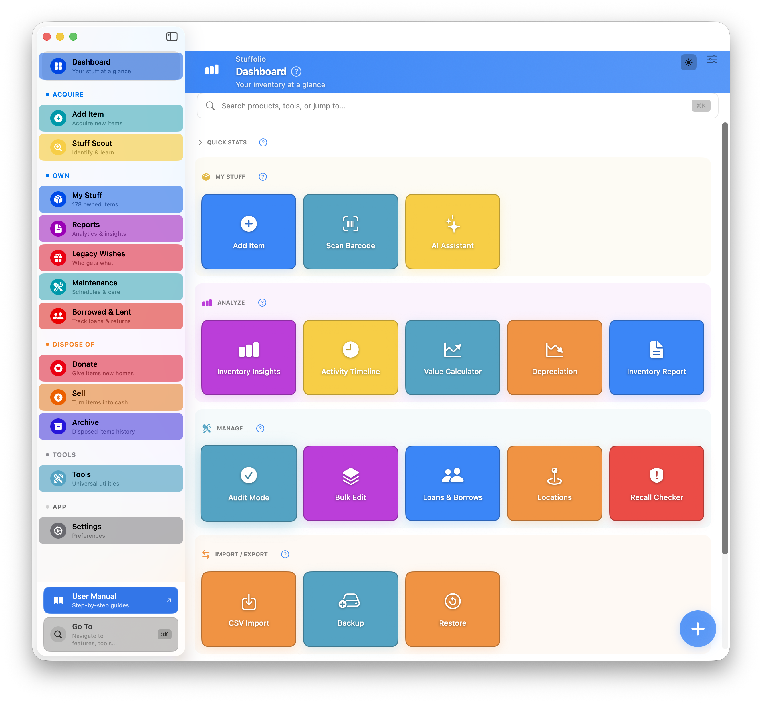 Stuffolio Dashboard on macOS in light mode