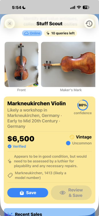 Stuff Scout identifies a Markneukirchen Violin from Germany, valued at $6,500 with 80% confidence